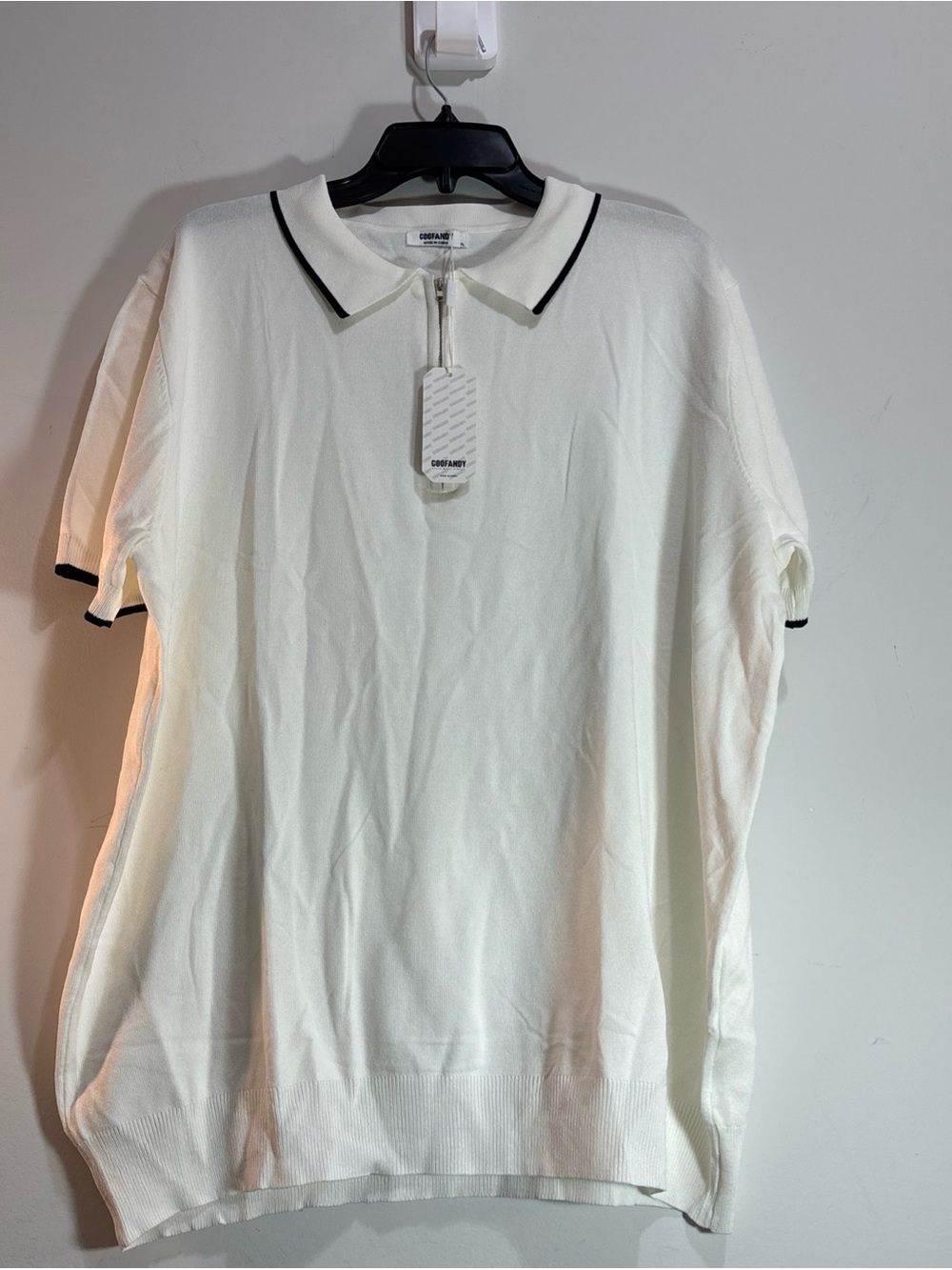 Coofandy Men’s White Polo Knit Shirt with Black Trim. 1440